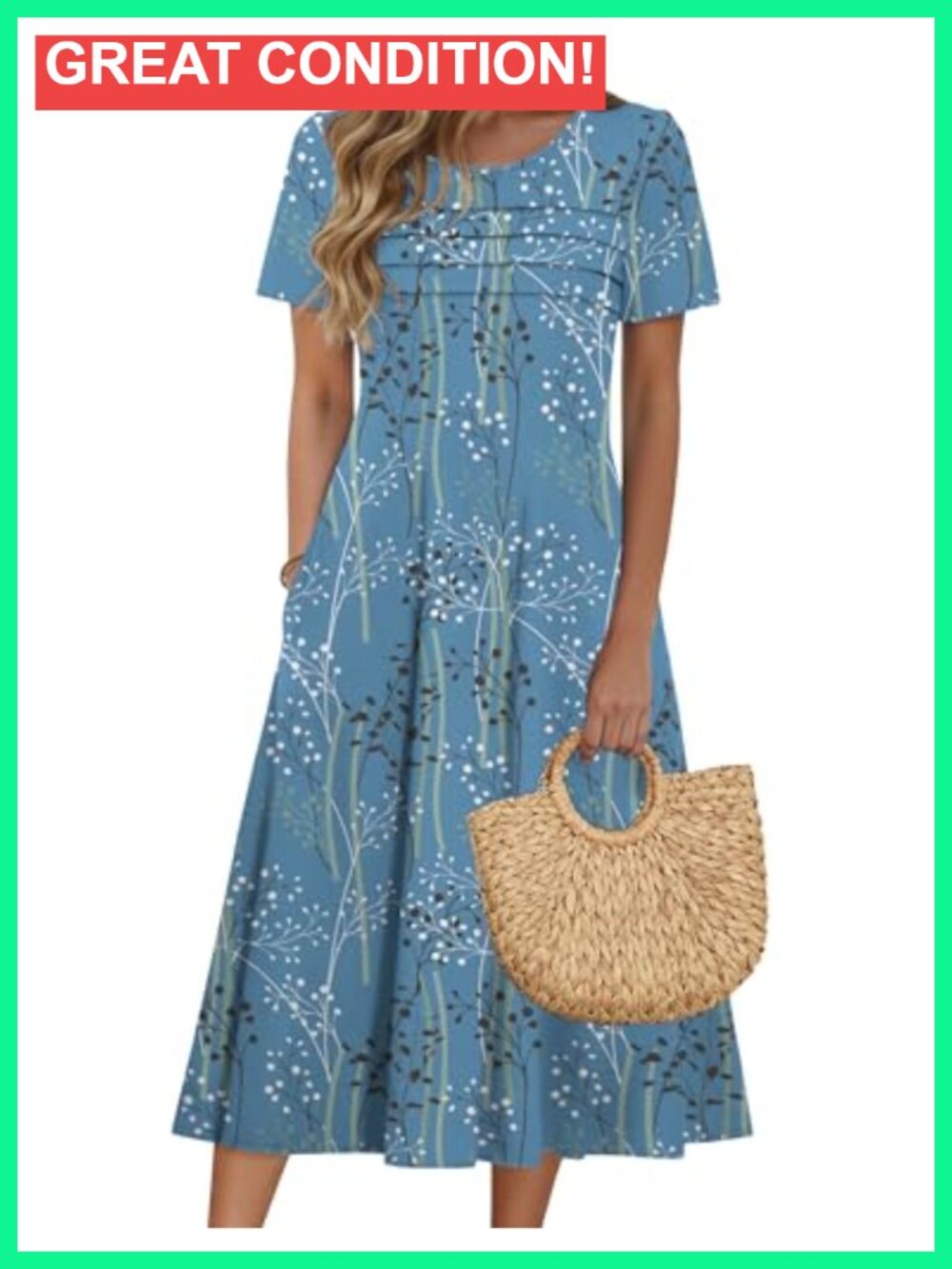 Short Sleeve Flare Midi Dress with Pockets Flowy Beach Sundress